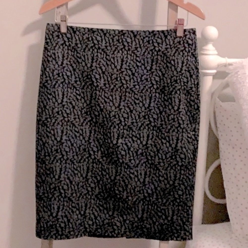 Loft Black and Teal Leaf Pencil Skirt